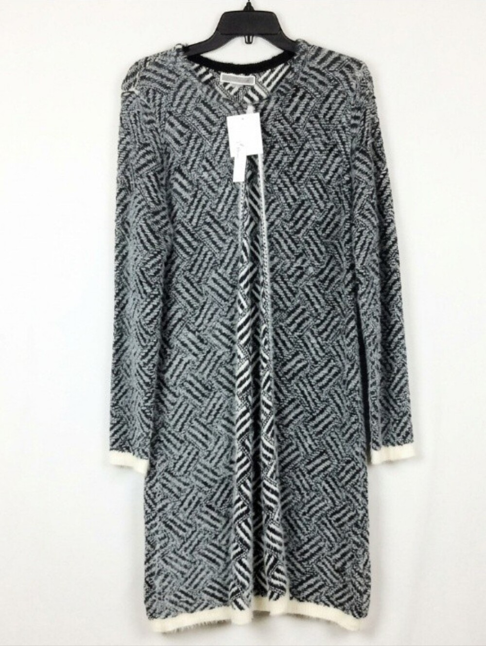 Liquid by Sioni Womens Long Cardigan Duster NWT PXL Black Cream Fuzzy Knit